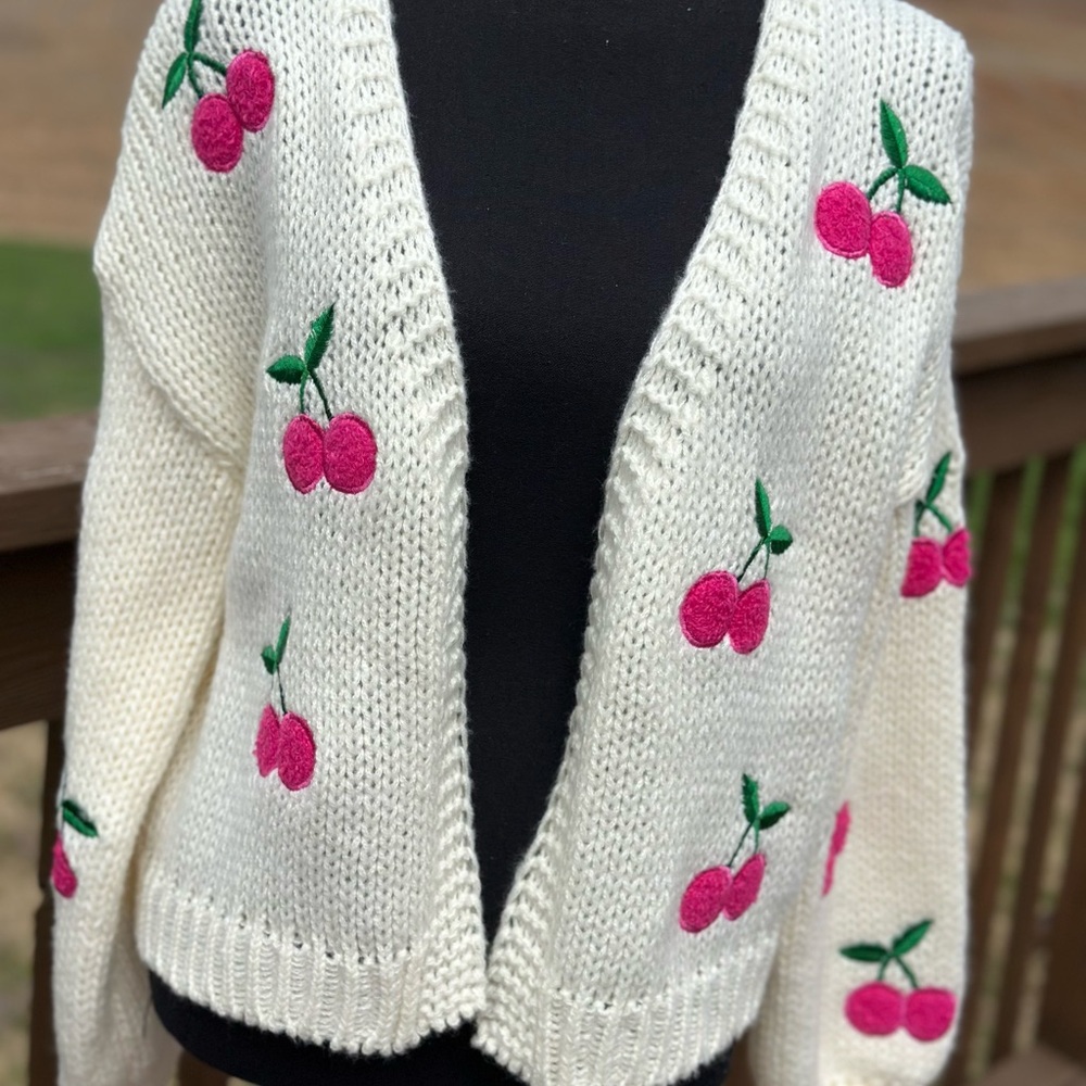 Cherry Embroidered Cream Cardigan